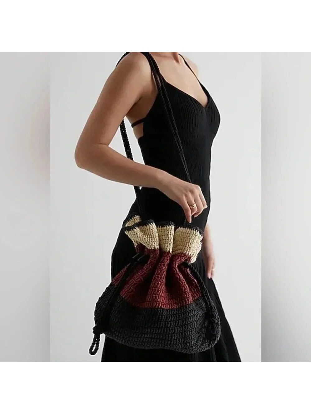 Express Black Tan Brown Woven Straw Drawstring Bag NWT